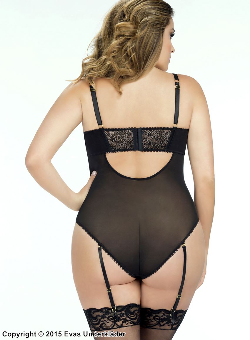 Zip front teddy with lace detail, plus size